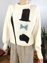 Load image into Gallery viewer, Vintage wool mix white knit knitted sweater fun magician face pattern pullover jumper M
