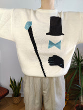 Load image into Gallery viewer, Vintage wool mix white knit knitted sweater fun magician face pattern pullover jumper M
