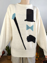 Load image into Gallery viewer, Vintage wool mix white knit knitted sweater fun magician face pattern pullover jumper M
