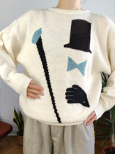 Load image into Gallery viewer, Vintage wool mix white knit knitted sweater fun magician face pattern pullover jumper M
