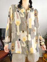 Load image into Gallery viewer, Vintage blouse beige sage cream art print pattern long sleeve button up New Fast women 40 S-M
