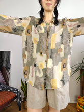 Load image into Gallery viewer, Vintage blouse beige sage cream art print pattern long sleeve button up New Fast women 40 S-M
