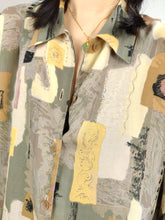 Load image into Gallery viewer, Vintage blouse beige sage cream art print pattern long sleeve button up New Fast women 40 S-M
