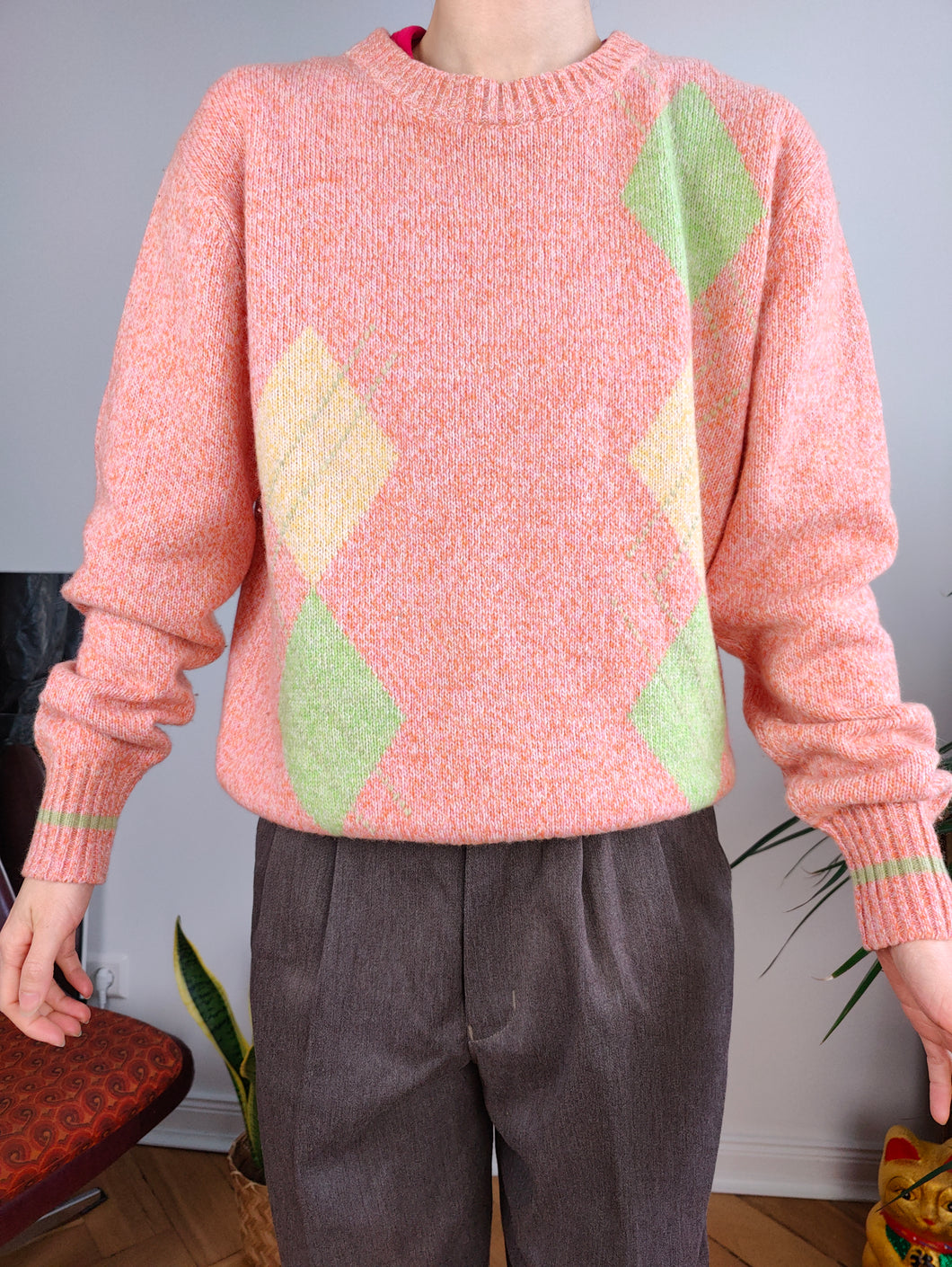 Vintage cashmere lambs wool knit knitted sweater orange argyle diamond pattern pullover jumper women S-M
