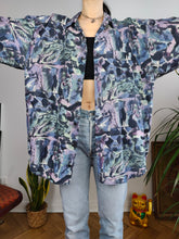 Load image into Gallery viewer, Vintage 100% silk shirt Nuxilk art print pattern purple blue short sleeve button up women men unisex L-XL

