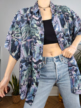 Load image into Gallery viewer, Vintage 100% silk shirt Nuxilk art print pattern purple blue short sleeve button up women men unisex L-XL
