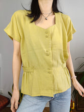 Load image into Gallery viewer, Vintage 80s blouse plain yellow pastel short sleeve women 38 S-M
