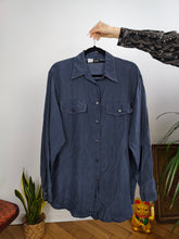 Load image into Gallery viewer, Vintage 100% silk shirt blouse blue navy long sleeve button up plain Rigany 44 M-L
