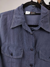 Load image into Gallery viewer, Vintage 100% silk shirt blouse blue navy long sleeve button up plain Rigany 44 M-L
