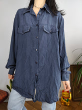 Load image into Gallery viewer, Vintage 100% silk shirt blouse blue navy long sleeve button up plain Rigany 44 M-L
