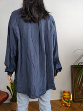 Load image into Gallery viewer, Vintage 100% silk shirt blouse blue navy long sleeve button up plain Rigany 44 M-L
