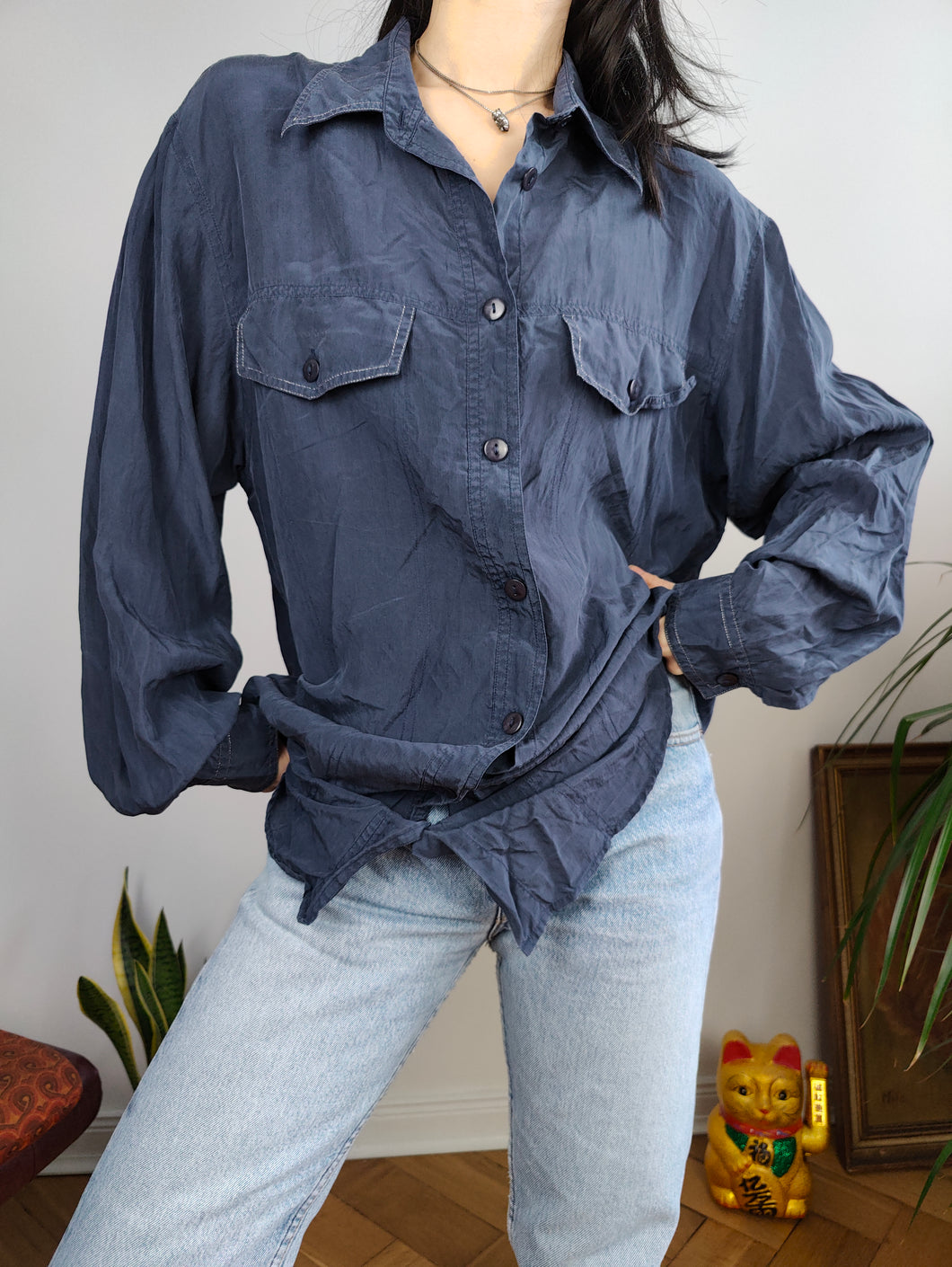 Vintage 100% silk shirt blouse blue navy long sleeve button up plain Rigany 44 M-L