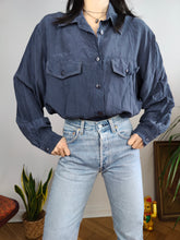 Load image into Gallery viewer, Vintage 100% silk shirt blouse blue navy long sleeve button up plain Rigany 44 M-L
