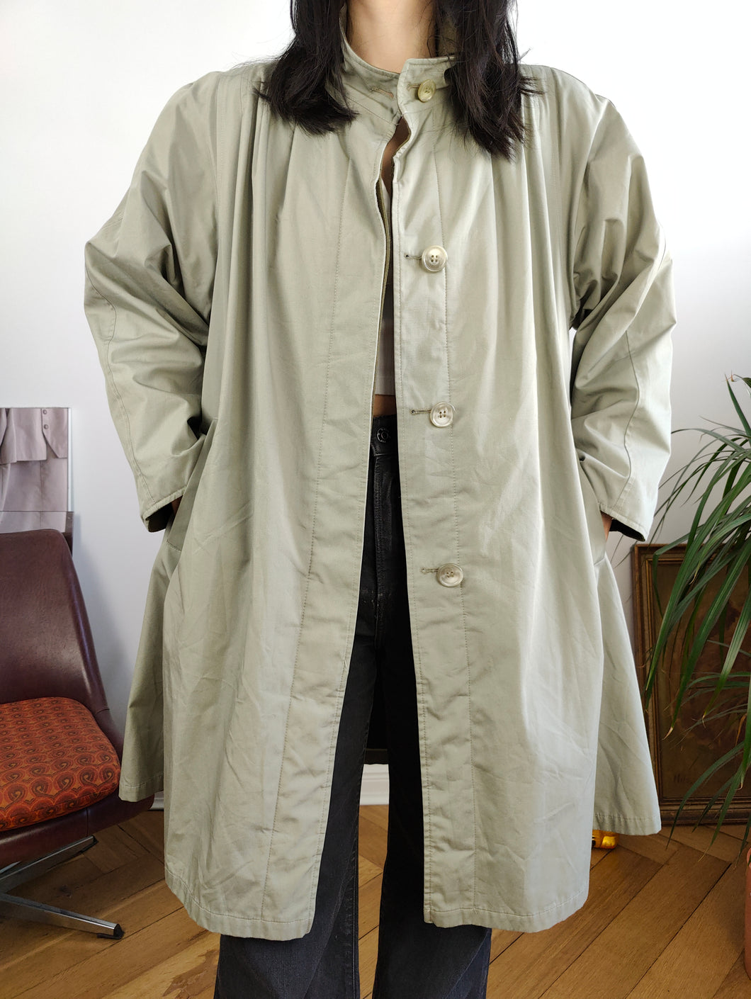 Vintage 2-in-1 reversible trench coat light green khaki lining lined midi mid long women M-L