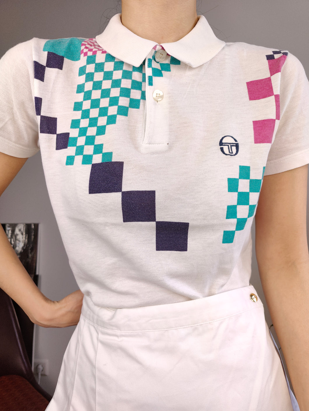 Vintage Sergio Tacchini polo shirt tennis cotton white pattern print short sleeve women IT38 XS
