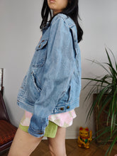 Load image into Gallery viewer, Vintage 90s denim jacket Rifle jeans light blue back print cartoon duck animal women S-M
