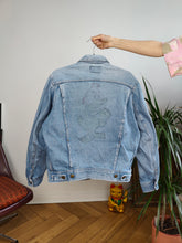 Load image into Gallery viewer, Vintage 90s denim jacket Rifle jeans light blue back print cartoon duck animal women S-M
