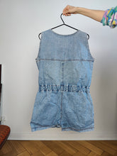 Load image into Gallery viewer, Vintage denim dungaree jeans blue shorts overall jumpsuit Squaw made in Italy women M
