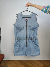 Load image into Gallery viewer, Vintage denim dungaree jeans blue shorts overall jumpsuit Squaw made in Italy women M
