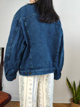 Load image into Gallery viewer, Vintage 90s Wampum denim jacket trucker dark blue jeans women men unisex L-XL
