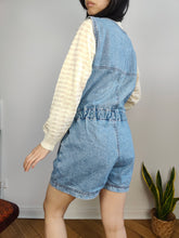 Load image into Gallery viewer, Vintage denim dungaree jeans blue shorts overall jumpsuit Squaw made in Italy women M
