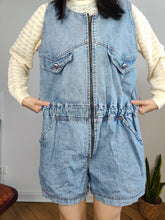 Load image into Gallery viewer, Vintage denim dungaree jeans blue shorts overall jumpsuit Squaw made in Italy women M
