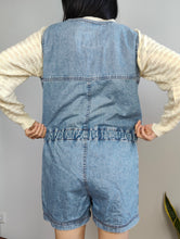 Load image into Gallery viewer, Vintage denim dungaree jeans blue shorts overall jumpsuit Squaw made in Italy women M
