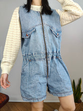 Load image into Gallery viewer, Vintage denim dungaree jeans blue shorts overall jumpsuit Squaw made in Italy women M
