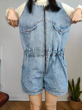 Load image into Gallery viewer, Vintage denim dungaree jeans blue shorts overall jumpsuit Squaw made in Italy women M
