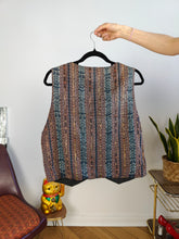 Load image into Gallery viewer, Vintage sleeveless vest boho hand made cotton blue brown woven pattern waist coat jacket L
