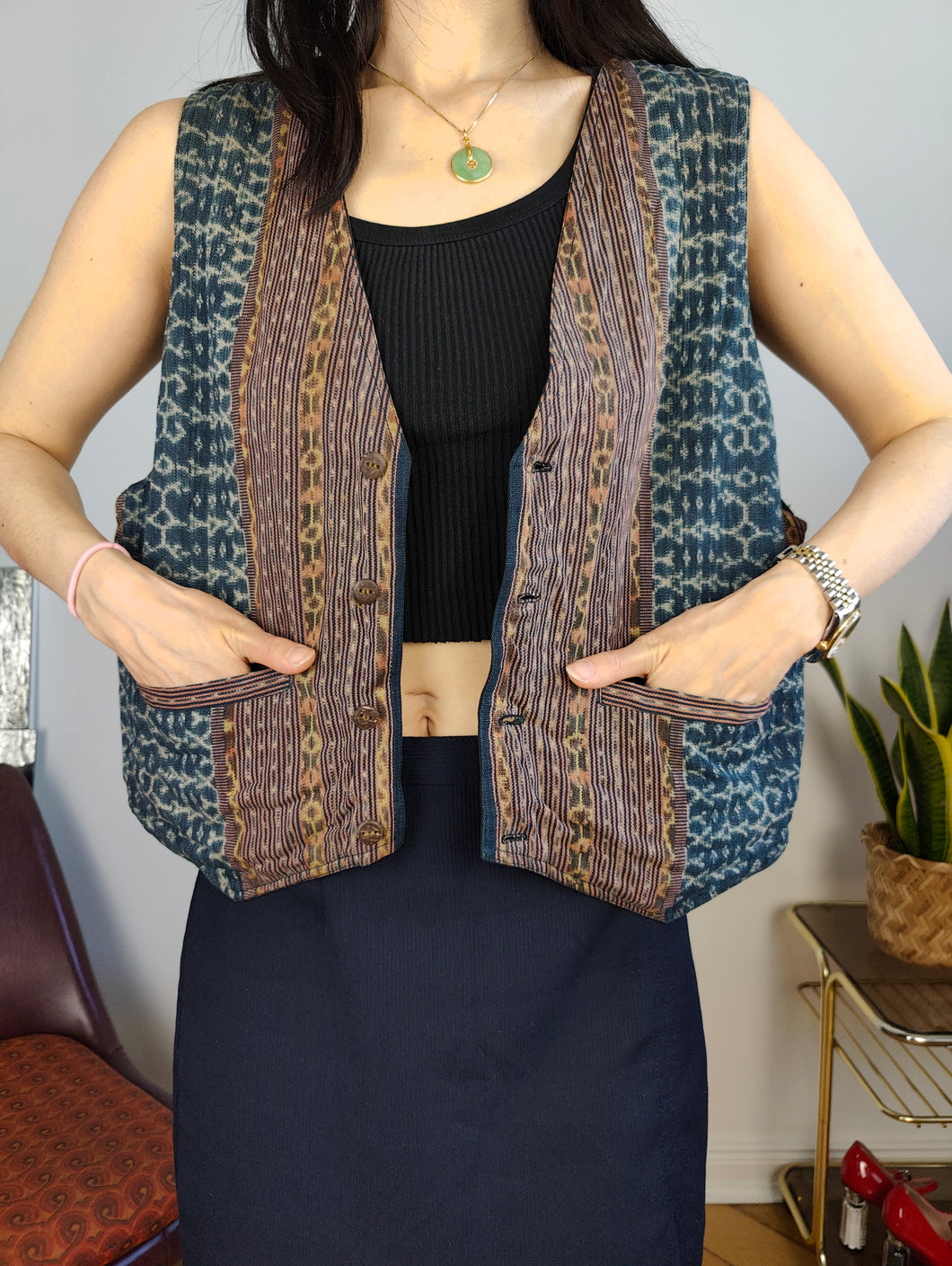 Vintage sleeveless vest boho hand made cotton blue brown woven pattern waist coat jacket L