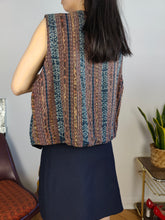 Load image into Gallery viewer, Vintage sleeveless vest boho hand made cotton blue brown woven pattern waist coat jacket L
