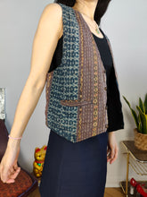 Load image into Gallery viewer, Vintage sleeveless vest boho hand made cotton blue brown woven pattern waist coat jacket L
