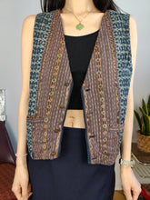 Load image into Gallery viewer, Vintage sleeveless vest boho hand made cotton blue brown woven pattern waist coat jacket L

