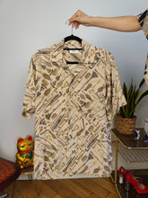 Load image into Gallery viewer, Vintage 100% silk shirt shisha pipes fun crazy print pattern beige short sleeve button up unisex men 40 L
