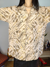 Load image into Gallery viewer, Vintage 100% silk shirt shisha pipes fun crazy print pattern beige short sleeve button up unisex men 40 L
