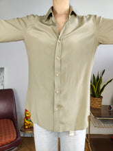 Load image into Gallery viewer, Vintage 100% silk blouse mint sage green long sleeve button up plain G Patrick S
