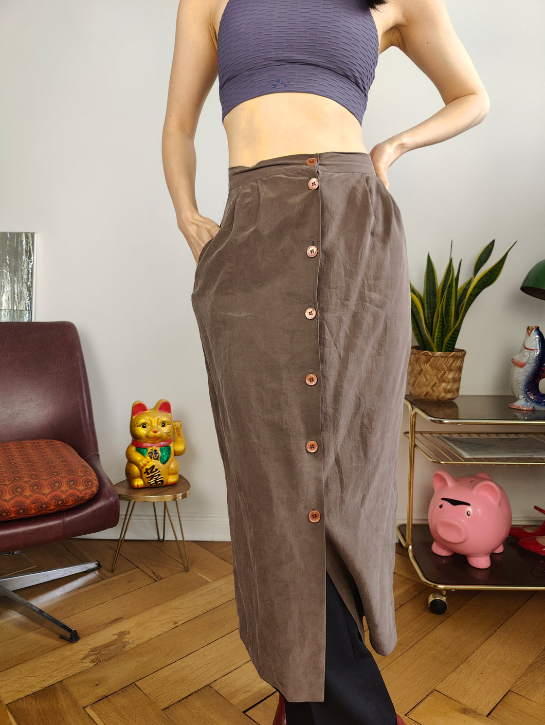 Vintage silk skirt brown button up midi long 48 M-L