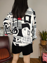Load image into Gallery viewer, Vintage viscose shirt blouse white black crazy print pattern long sleeve button up Incognito S-M
