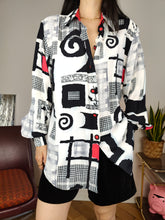 Load image into Gallery viewer, Vintage viscose shirt blouse white black crazy print pattern long sleeve button up Incognito S-M
