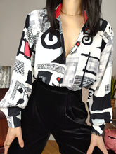 Load image into Gallery viewer, Vintage viscose shirt blouse white black crazy print pattern long sleeve button up Incognito S-M

