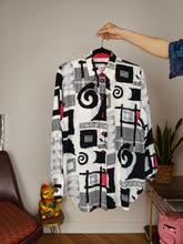 Load image into Gallery viewer, Vintage viscose shirt blouse white black crazy print pattern long sleeve button up Incognito S-M
