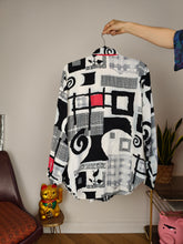 Load image into Gallery viewer, Vintage viscose shirt blouse white black crazy print pattern long sleeve button up Incognito S-M
