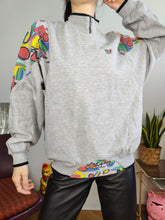 Load image into Gallery viewer, Vintage 90s sweatshirt grey print pattern sport sweater pullover jumper quarter zip M
