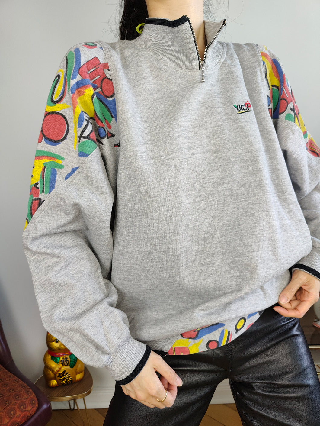 Vintage 90s sweatshirt grey print pattern sport sweater pullover jumper quarter zip M