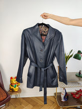 Load image into Gallery viewer, Vintage 100% leather jacket blue trench coat women 44 M
