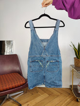 Load image into Gallery viewer, Vintage denim dungaree jeans blue skirt overall jumpsuit embroidery kids or women XS
