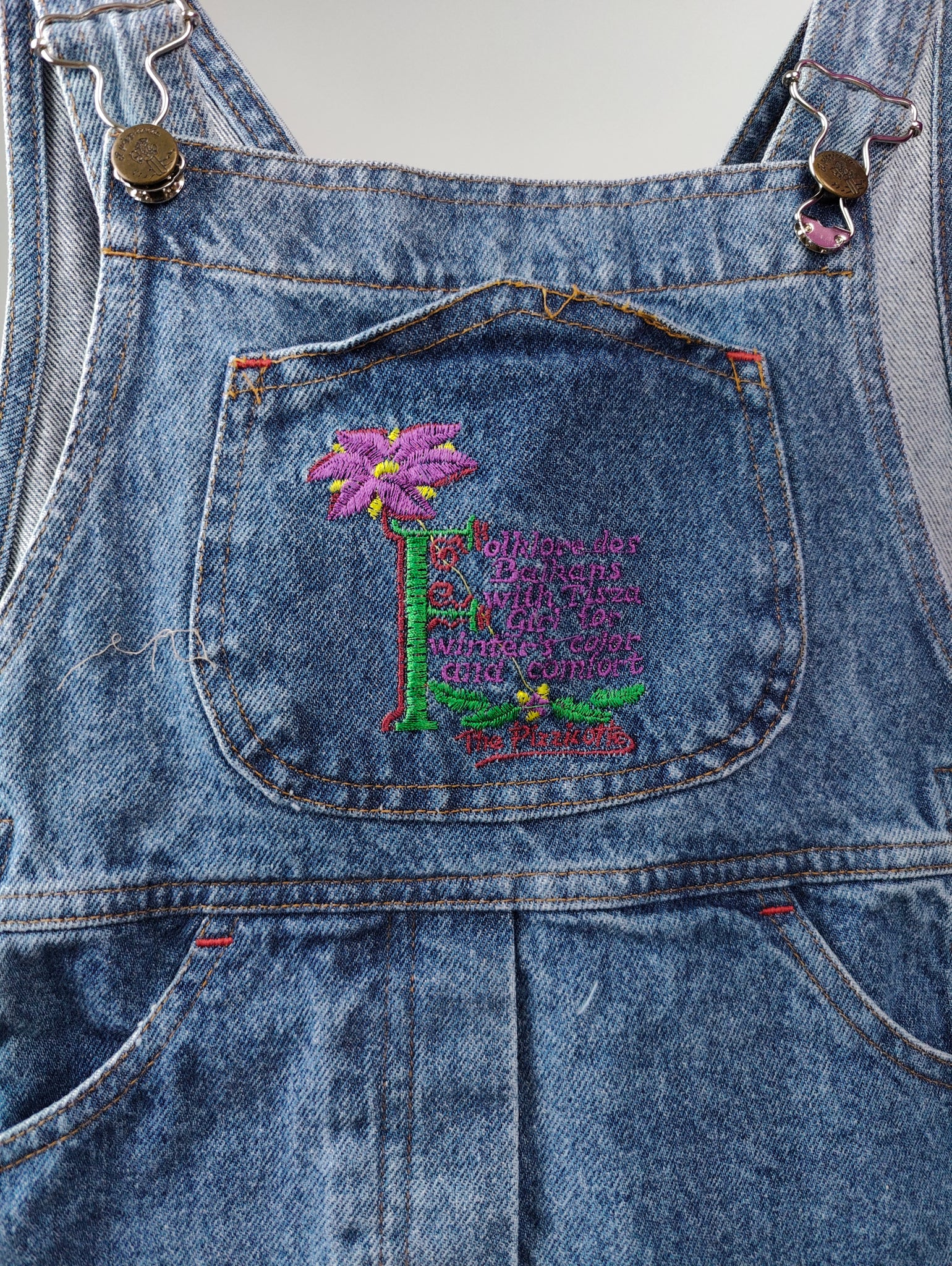 Vintage denim dungaree jeans blue skirt overall jumpsuit embroidery ki The Vintage Takeaway