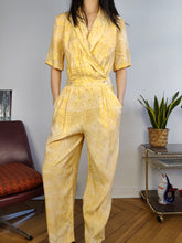 Load image into Gallery viewer, Vintage viscose jumpsuit viscose yellow print pattern overall onesie EU38 S
