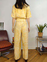 Load image into Gallery viewer, Vintage viscose jumpsuit viscose yellow print pattern overall onesie EU38 S
